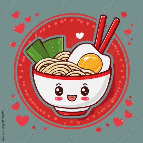 Cute ramen bowl character with noodles egg and chopsticks for fun japanese restaurant and noodle shop menu - Vector Illustration
