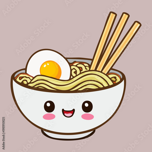 Smiling ramen bowl character with noodles and egg for fun japanese food icon and snack shop menu - Vector Illustration