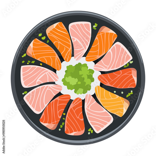 Top view of salmon sashimi platter with greens and lime for fresh japanese seafood restaurant menu design - Vector Illustration