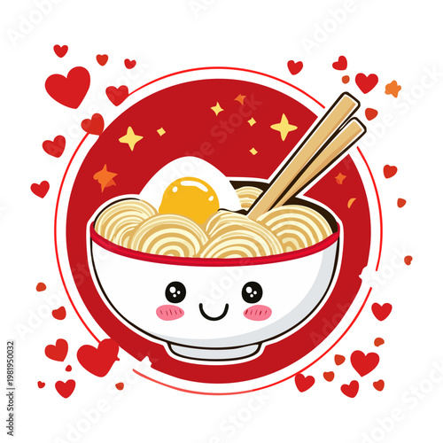 Kawaii ramen bowl character with happy face and hearts for cute japanese restaurant and noodle shop promotion - Vector Illustration