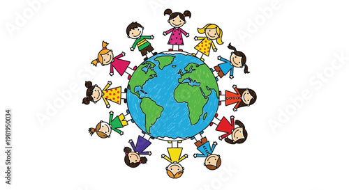 Colorful crayon drawing of diverse children happily holding hands around the blue and green earth symbolizing global unity