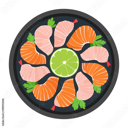 Delicious salmon sashimi platter with lime and garnishes for traditional japanese seafood restaurant and menu display - Vector Illustration