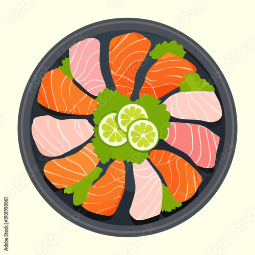 Fresh salmon sashimi slices arranged in a bowl for authentic japanese seafood dining and healthy meal promotion - Vector Illustration