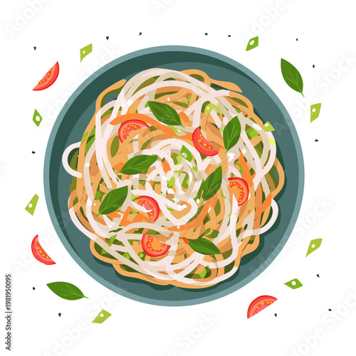 Top view of stir fried noodles with vegetables and herbs for healthy asian meal and restaurant menu - Vector Illustration