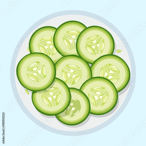 Freshly sliced cucumber rounds on a white plate for healthy salad and asian meal side dish - Vector Illustration