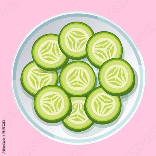 Simple plate of fresh cucumber slices for healthy green salad and asian meal side dish options - Vector Illustration