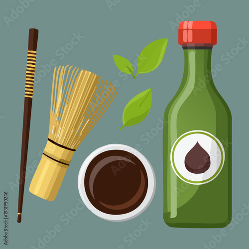 Authentic matcha green tea with traditional whisk and tea accessories for japanese cafe and restaurant branding - Vector Illustration
