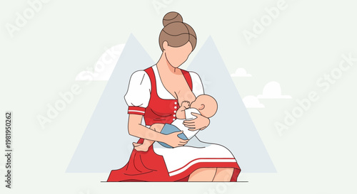 Mother Holding Baby Close in Red Dress.