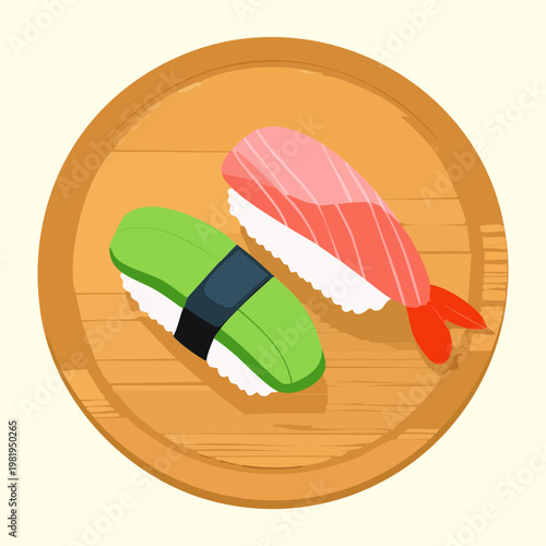 Fresh nigiri sushi set on a wooden board for traditional japanese seafood meal and restaurant menu - Vector Illustration