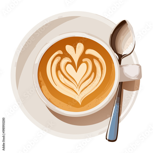 Hot latte coffee cup with heart art for delicious cafe beverage and restaurant drink menu - Vector Illustration