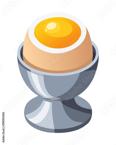 Soft boiled egg in a decorative silver cup showing a bright yellow yolk for protein rich breakfast - Vector Illustration