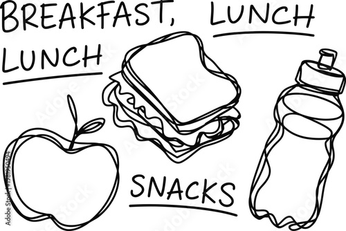 Hand drawn sketch of healthy food options including a sandwich an apple and a water bottle