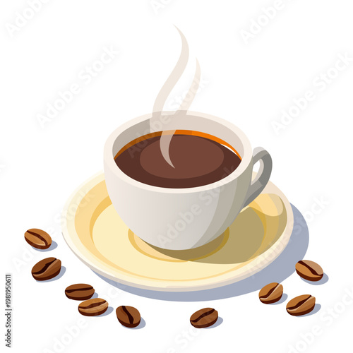 Cup of hot coffee on a saucer with coffee beans scattered around for cafe and morning - Vector Illustration