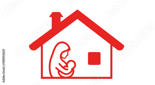 Mother Holding Baby Inside Red House Icon Illustration.