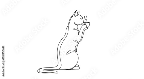 Minimalist Single Line Art Vector Illustration of a Cat Sitting and Drinking a Steaming Hot Cup of Coffee or Tea