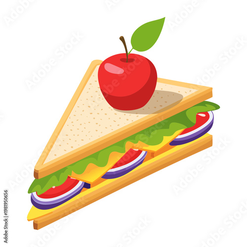 Club sandwich topped with a red apple featuring lettuce tomato and multiple layers of sliced bread - Vector Illustration