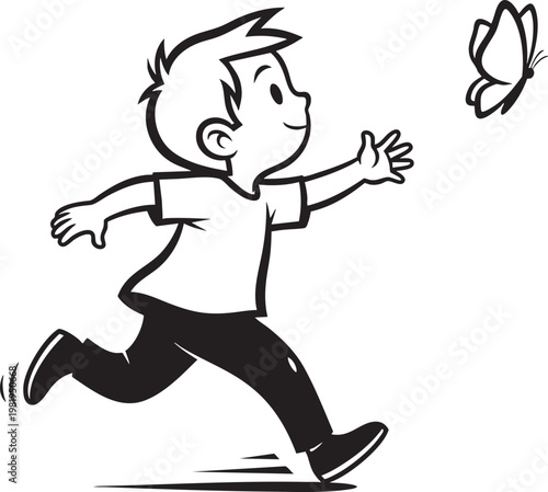 Happy young boy running to chase a flying butterfly with butterfly, childhood