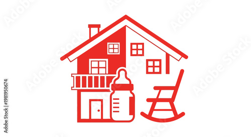 Red house with baby bottle and chair illustration.