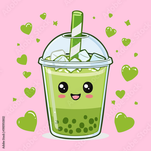 Happy matcha latte bubble tea character with green hearts and boba pearls for sweet drink menu - Vector Illustration