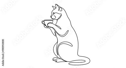 Minimalist Continuous Line Drawing of a Cat Holding a Coffee Cup, One Line Art Vector Illustration of a Pet Drinking Tea