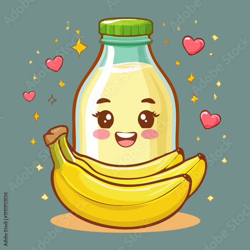 Adorable yellow banana milk drink character with happy expression for nutritious dairy and fruit snack design - Vector Illustration