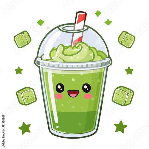 Smiling green tea bubble milk drink character with ice cubes and boba for summer drink design - Vector Illustration