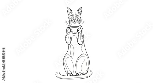 Minimalist line art illustration of a cat sitting and holding a cup of coffee or tea, whimsical anthropomorphic pet character design