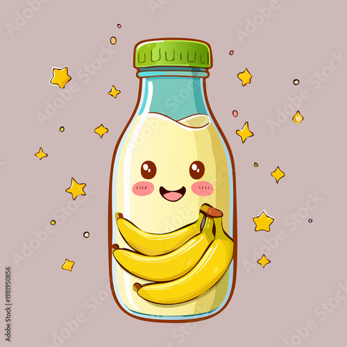 Happy banana milk bottle mascot with tiny stars for cute food and beverage graphic design element - Vector Illustration