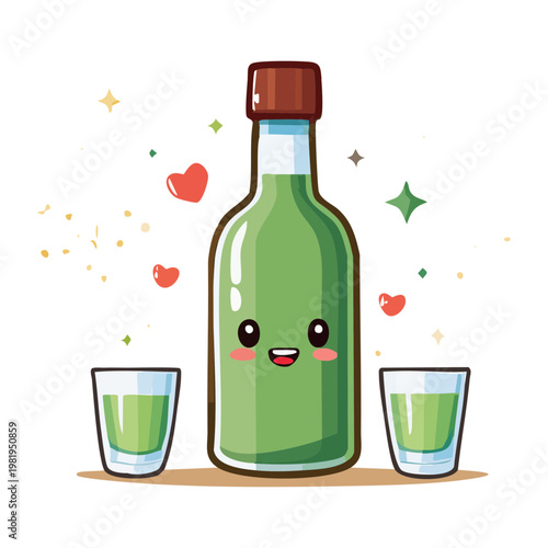 Smiling korean soju bottle character with two glasses and heart decorations for social drink theme design - Vector Illustration