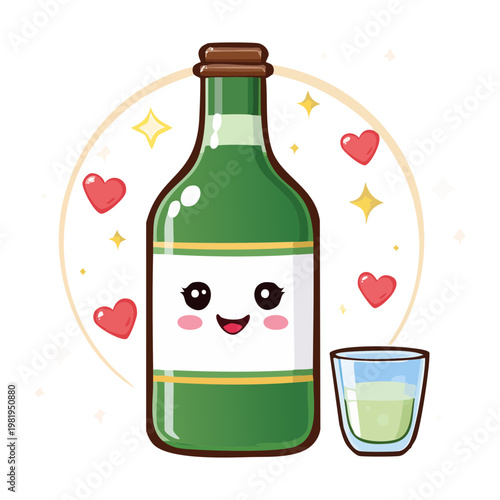 Cute green soju bottle character with a happy face and small glass for korean drink theme - Vector Illustration
