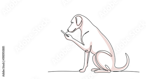 Continuous line drawing of a clever dog sitting and using a smartphone, minimalist animal technology concept vector illustration.