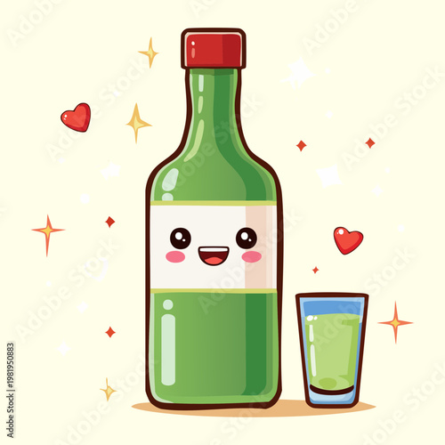 Adorable green soju mascot with a tiny glass and happy expression for korean restaurant branding illustration - Vector Illustration