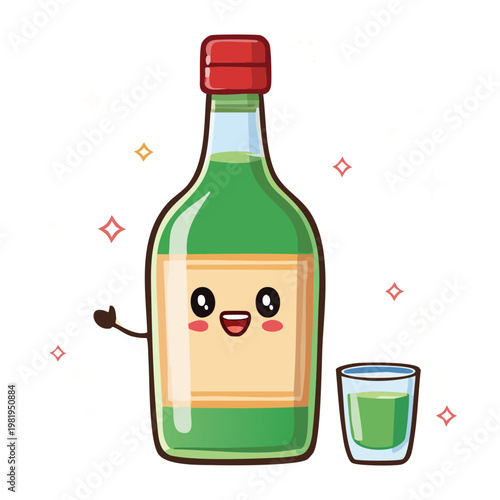 Happy soju bottle character with a glass and stars for fun korean night life and drink - Vector Illustration
