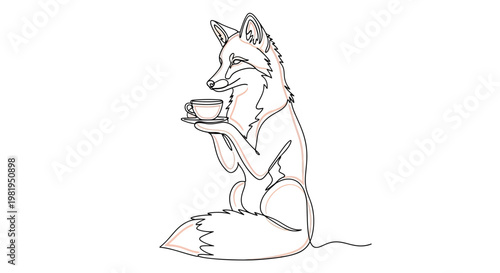 Continuous Line Art Illustration of a Whimsical Fox Sitting and Holding a Teacup
