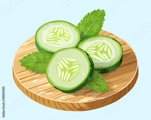 Fresh sliced cucumbers on a wooden board with mint leaves for healthy salad and cooking theme - Vector Illustration