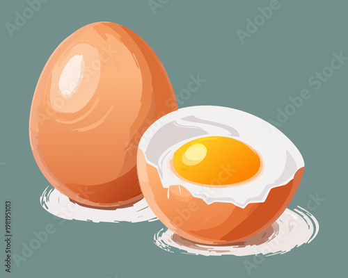 Realistic hard boiled egg sliced in half with shell for nutritious morning meal and protein snack - Vector Illustration