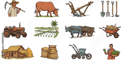 Traditional and modern farming set featuring Indian farmers, tractor, livestock, and agricultural tools in hand-drawn style