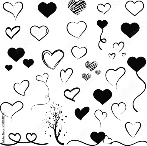 Heart silhouette set. Simple vector heart icon set. Black heart icons. Valentine's Day symbol. Black color heart illustration isolated on white background.