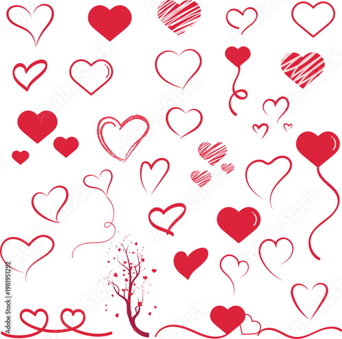 red heart contour vector love symbol Valentines day sign set heart shape, icon like social network instagram