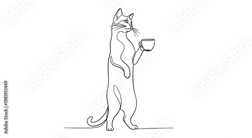 Continuous Line Drawing of a Cat Standing and Holding a Coffee Cup, Minimalist Vector Feline Illustration