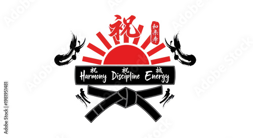 Martial Arts Emblem: Harmony, Discipline, Energy with Sun and Karate Belt
