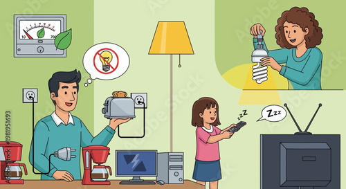 Family saving energy at home: unplugging appliances, using LED bulbs, turning off TV