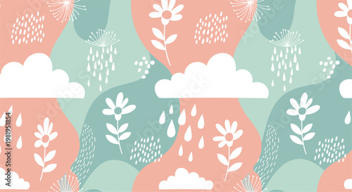 Soft abstract floral pattern with rain drops pastel nature background design