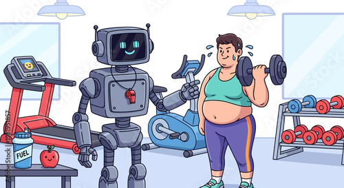 Robot trainer guides overweight man lifting dumbbell in gym, fitness concept