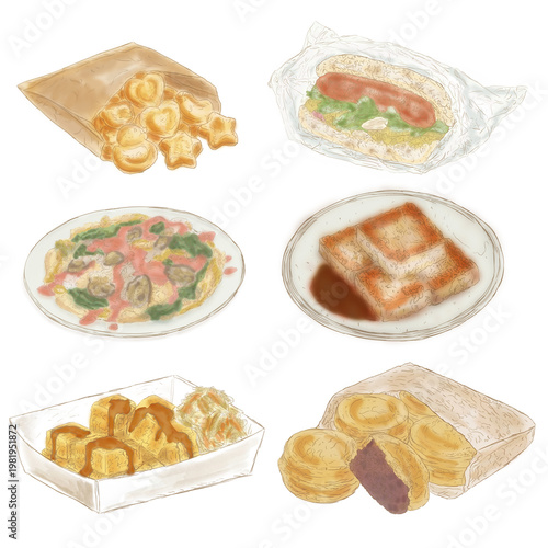 Hand-painted watercolor line art illustration set of iconic Taiwanese street food: Chicken cake, Small sausage in large sausage, Oyster omelet, Radish cake, Stinky tofu, and Wheel cake, isolated on tr