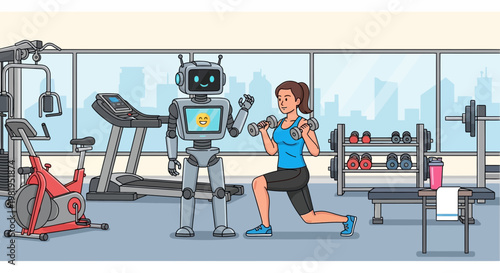 Robot trainer guides woman doing lunges with dumbbells in a modern gym