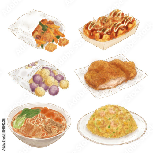 Hand-painted watercolor line art illustration set of popular Taiwanese foods: Salt and pepper chicken, Takoyaki, Sweet potato balls, Fried chicken cutlet, Beef noodle soup, and Shrimp egg fried rice, 