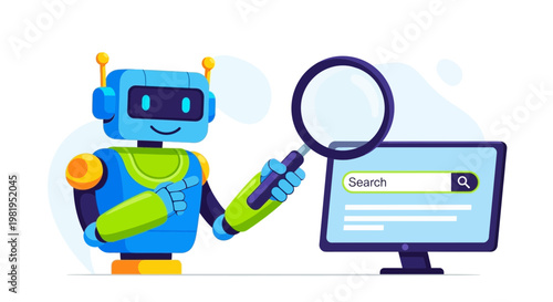 Robot with magnifying glass searching on computer screen, concept of AI, data analysis, and online search