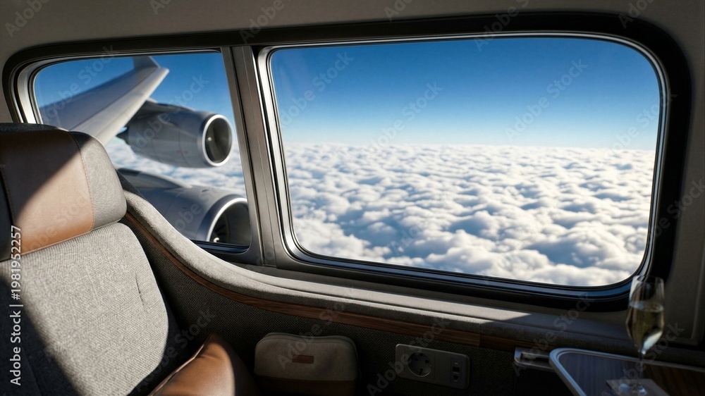 Fototapeta premium Interior of a luxurious business class airplane cabin with a view of clouds from the window