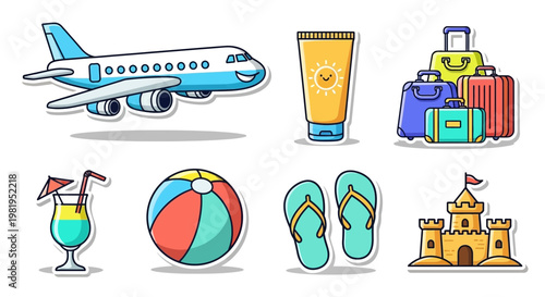 Summer Vacation Travel Icons: Airplane, Luggage, Beach Ball, Sunscreen, Flip-flops, Cocktail, Sandcastle